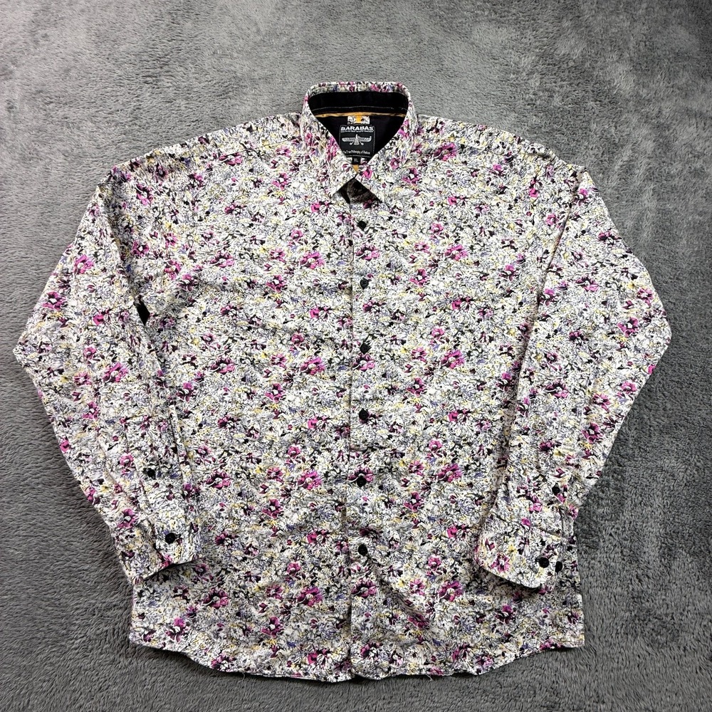BARABAS Mens XL Button Down Shirt Floral Abstract Digital Print Pink White